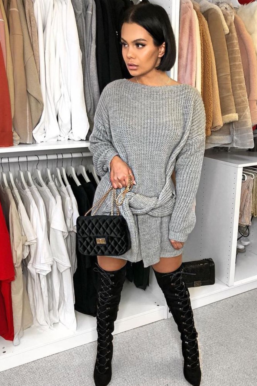 Clothing Rebellious Fashion | Grey Tie Front Knitted Jumper Dress - Harley