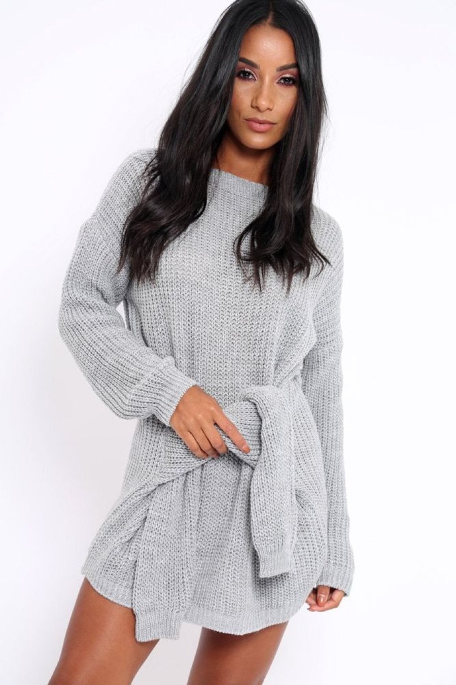 Clothing Rebellious Fashion | Grey Tie Front Knitted Jumper Dress - Harley