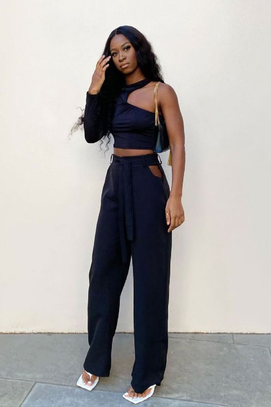 Clothing Rebellious Fashion | Black Waist Cut Out Wide Leg Trousers - Adela