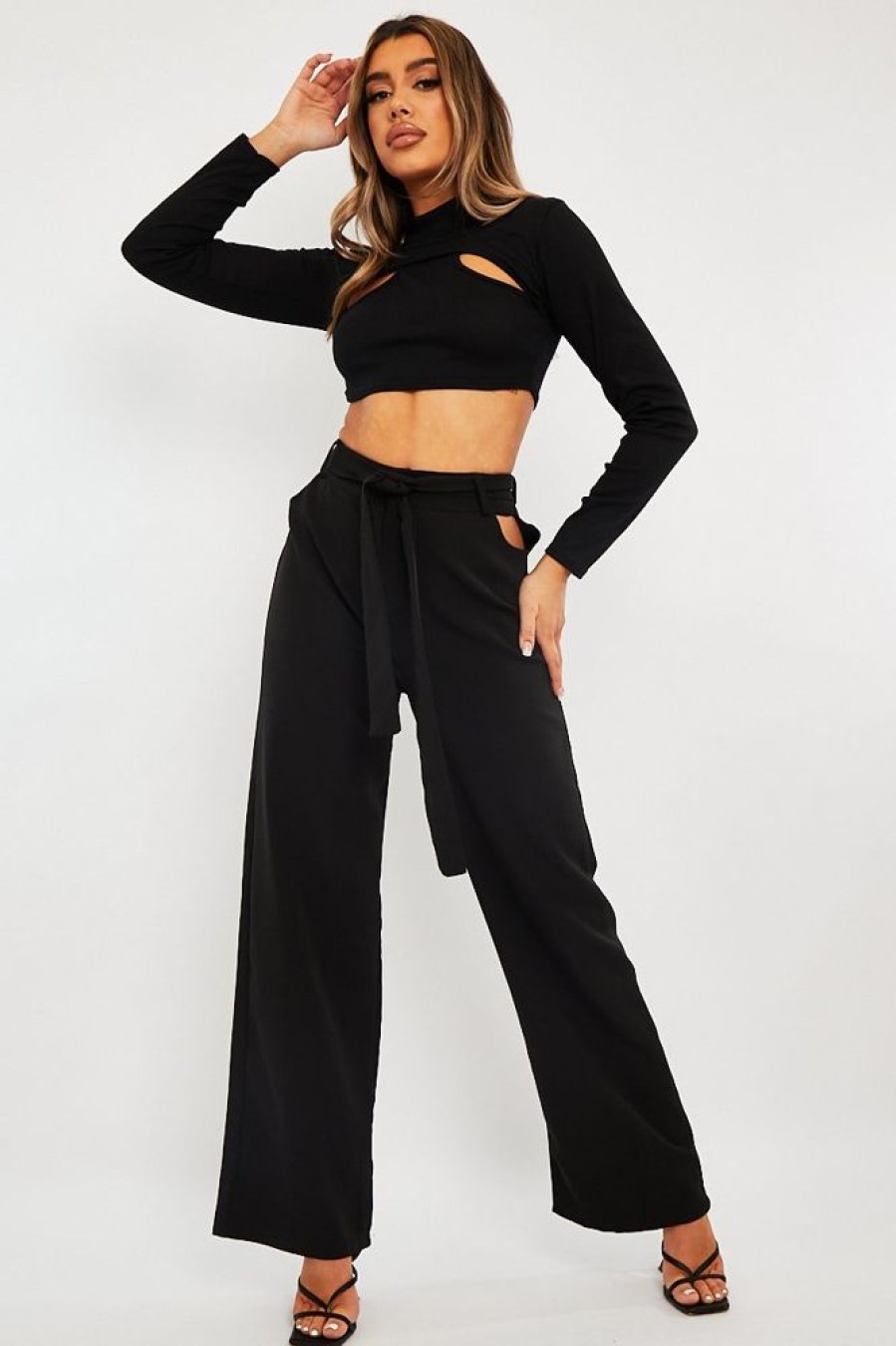 Clothing Rebellious Fashion | Black Waist Cut Out Wide Leg Trousers - Adela