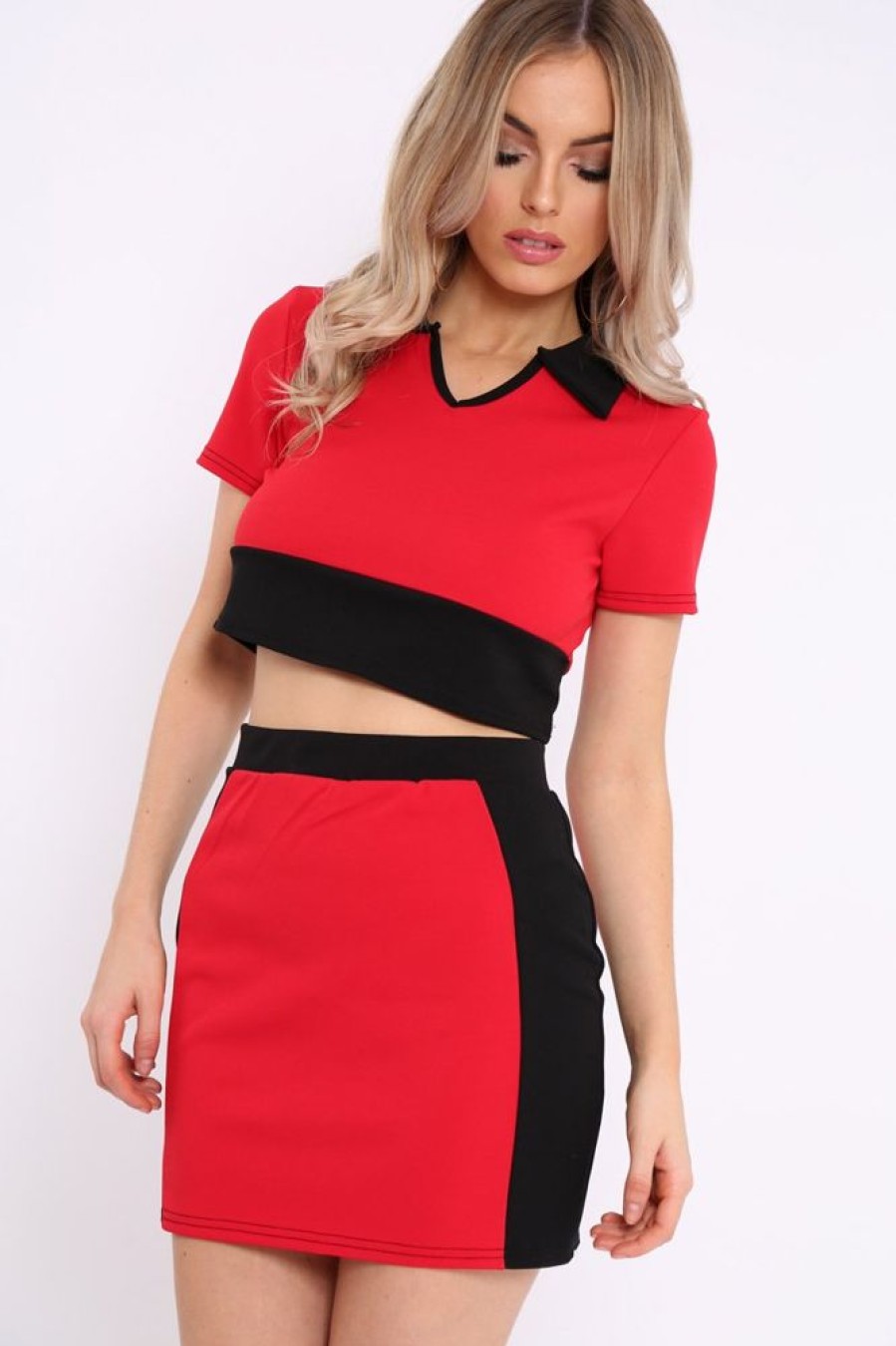 Clothing Rebellious Fashion | Red And Black Crop Top And Mini Skirt Co-Ord - Kasie