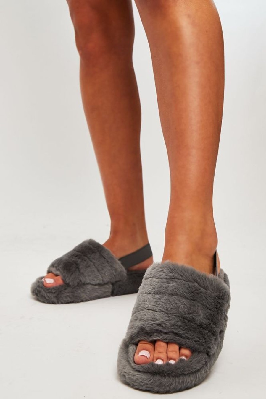 Shoes Rebellious Fashion | Grey Fluffy Strap Sliders - Naria