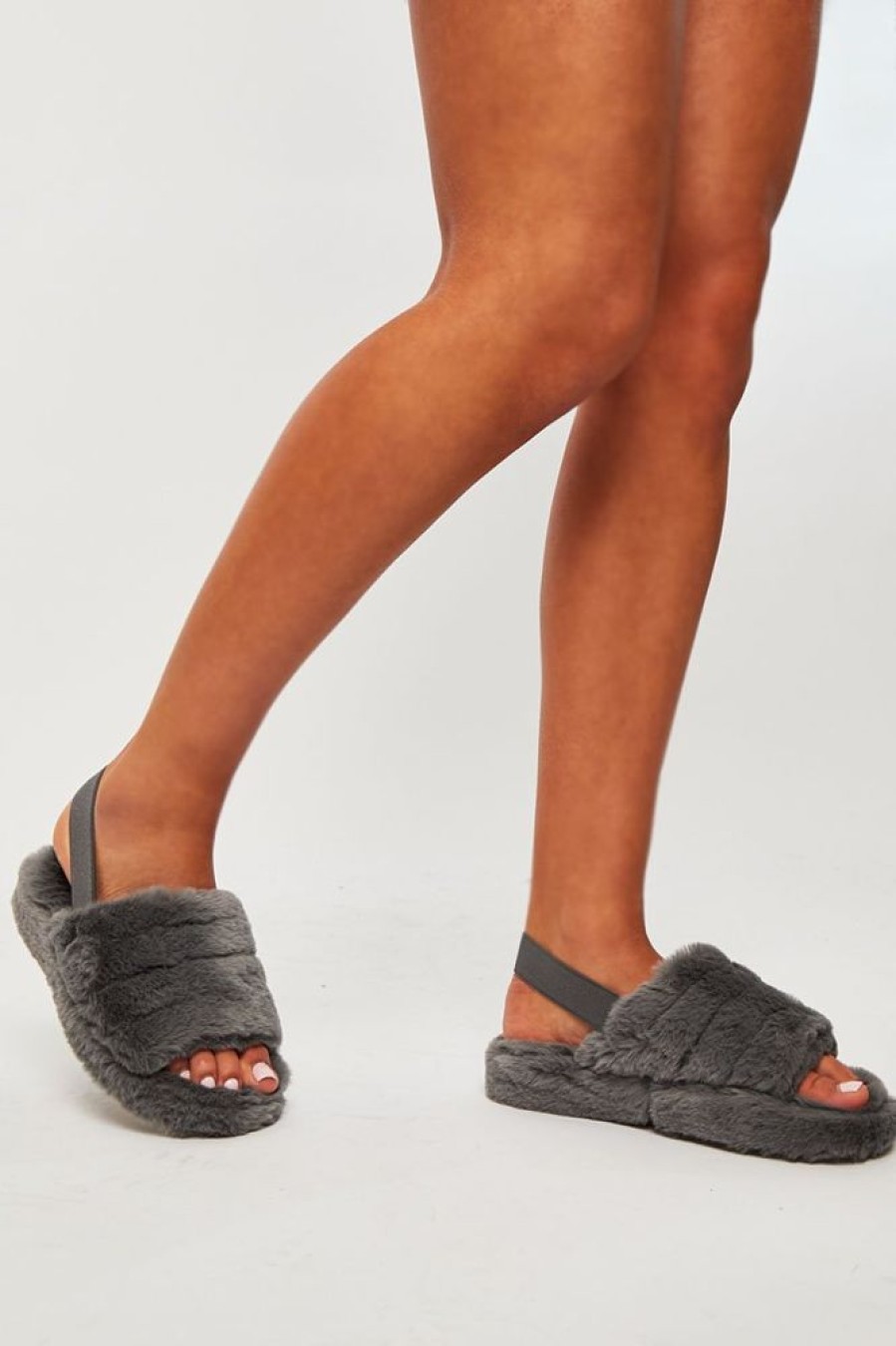 Shoes Rebellious Fashion | Grey Fluffy Strap Sliders - Naria