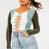 Clothing Rebellious Fashion | Khaki Colour Block Lace Up Front Crop Top - Bella