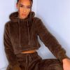 Clothing Rebellious Fashion | Chocolate Cropped Teddy Hoodie - Amyia