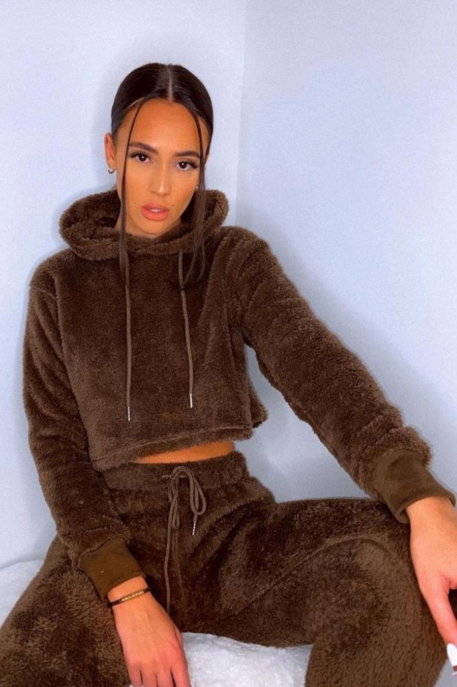 Clothing Rebellious Fashion | Chocolate Cropped Teddy Hoodie - Amyia