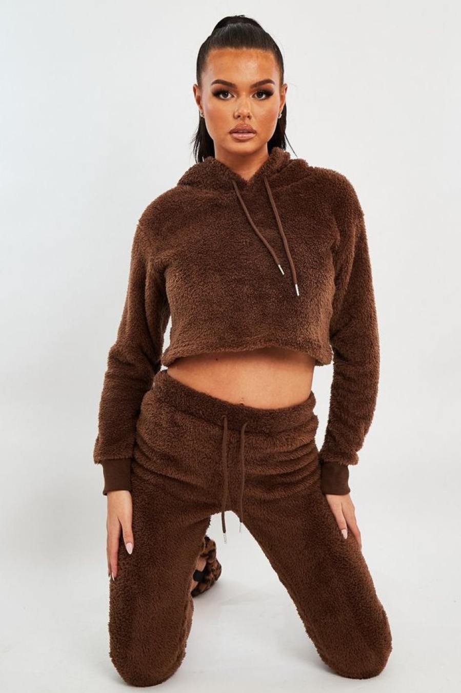 Clothing Rebellious Fashion | Chocolate Cropped Teddy Hoodie - Amyia