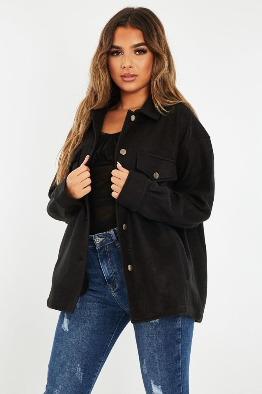 Clothing Rebellious Fashion | Black Pocket Oversized Brushed Shacket - Caley