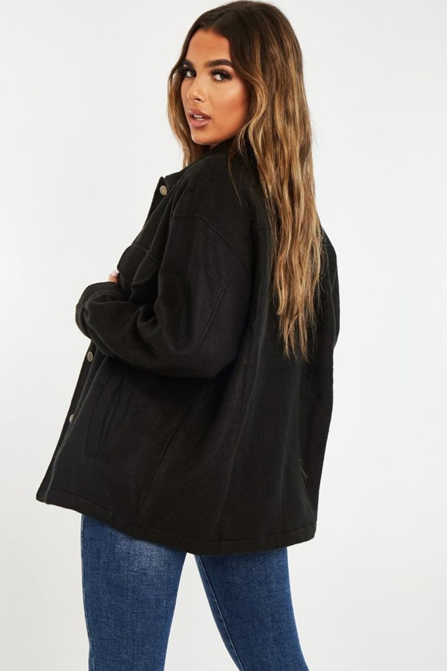 Clothing Rebellious Fashion | Black Pocket Oversized Brushed Shacket - Caley