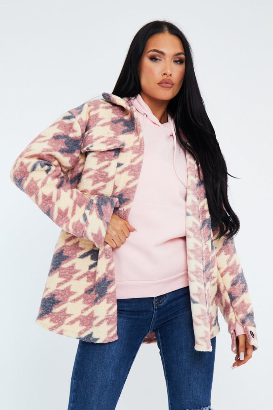 Clothing Rebellious Fashion | Pink Houndstooth Pocket Front Shacket - Reem