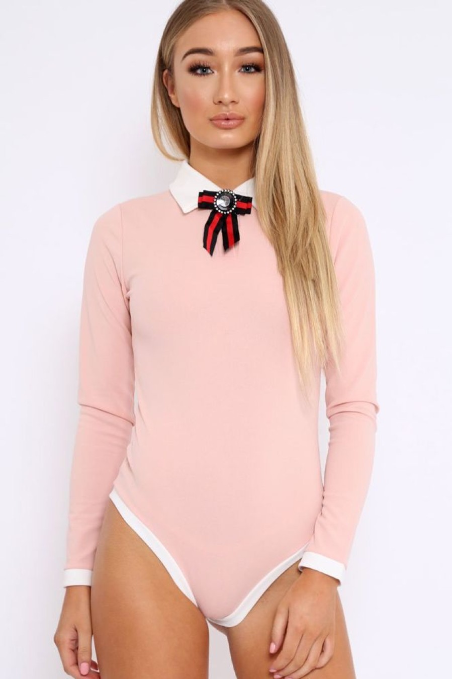 Clothing Rebellious Fashion | Nude Long Sleeved Striped Bow Bodysuit - Lashay