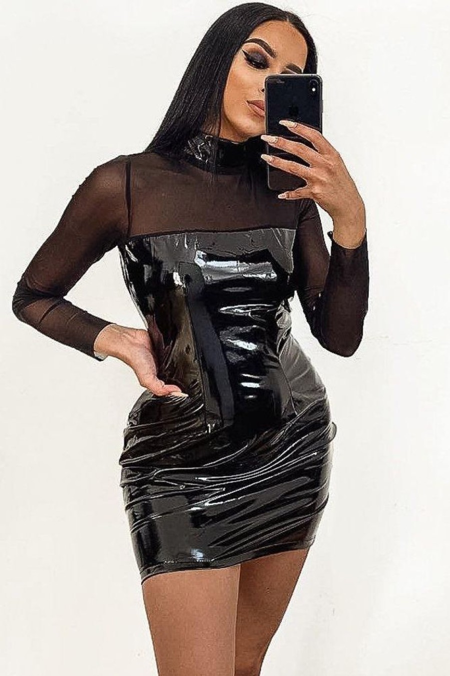 Clothing Rebellious Fashion | Black Long Sleeve Mesh Insert Vinyl Dress - Jamera