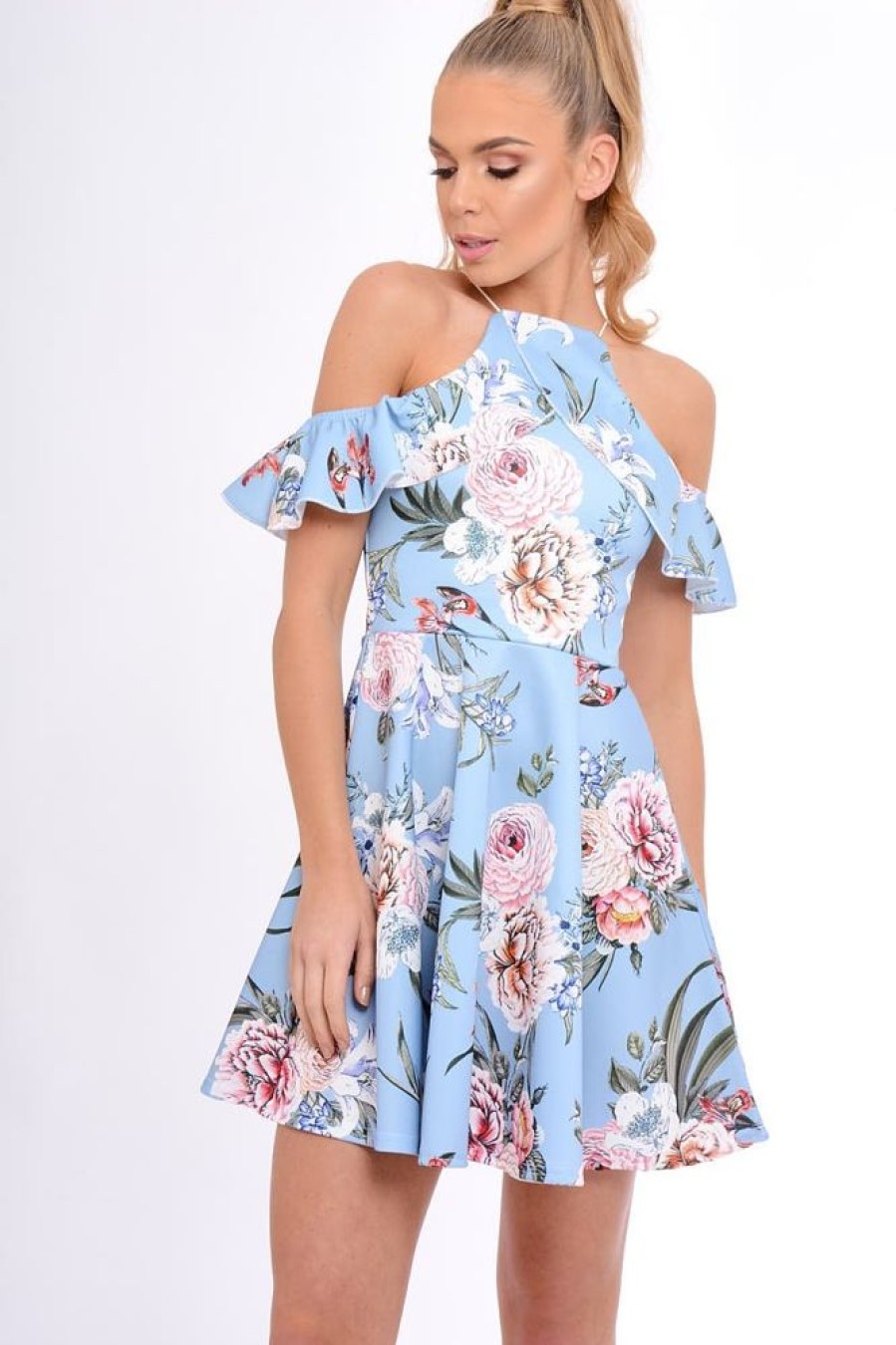 Clothing Rebellious Fashion | Blue Floral Cold Shoulder Skater Dress - Zoey