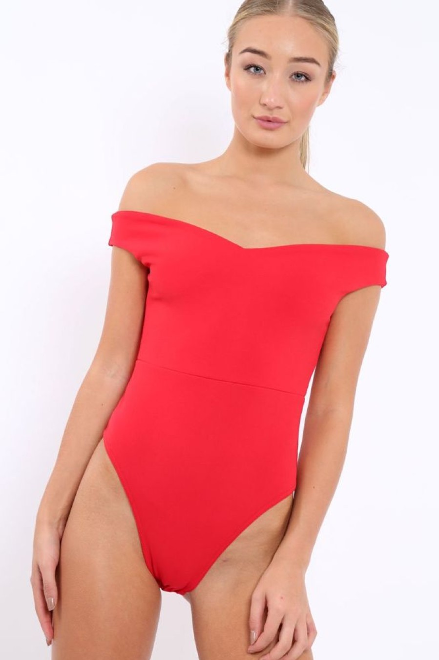 Clothing Rebellious Fashion | Red Bardot Bodysuit With V Dip Front - Hettie