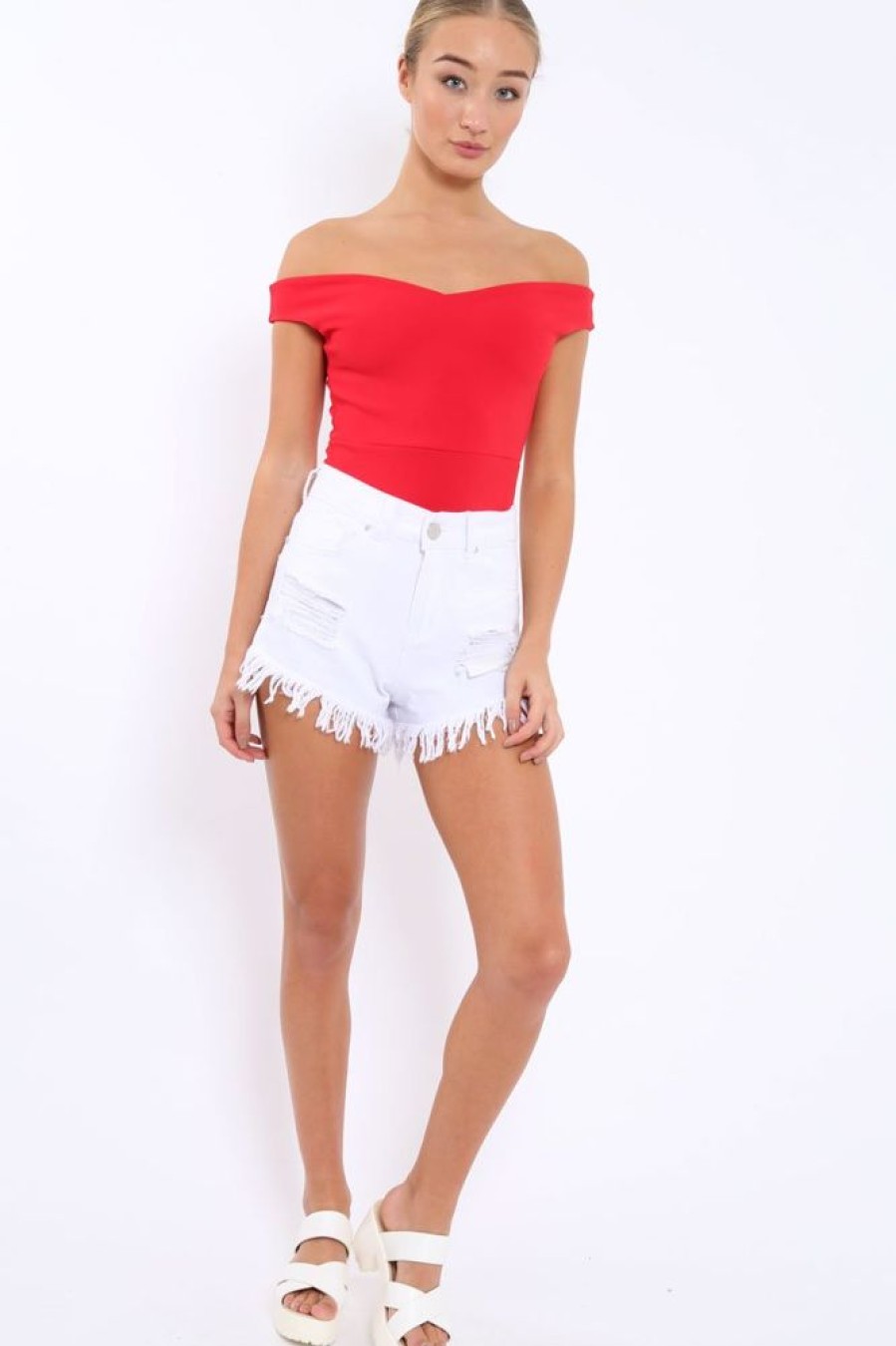 Clothing Rebellious Fashion | Red Bardot Bodysuit With V Dip Front - Hettie