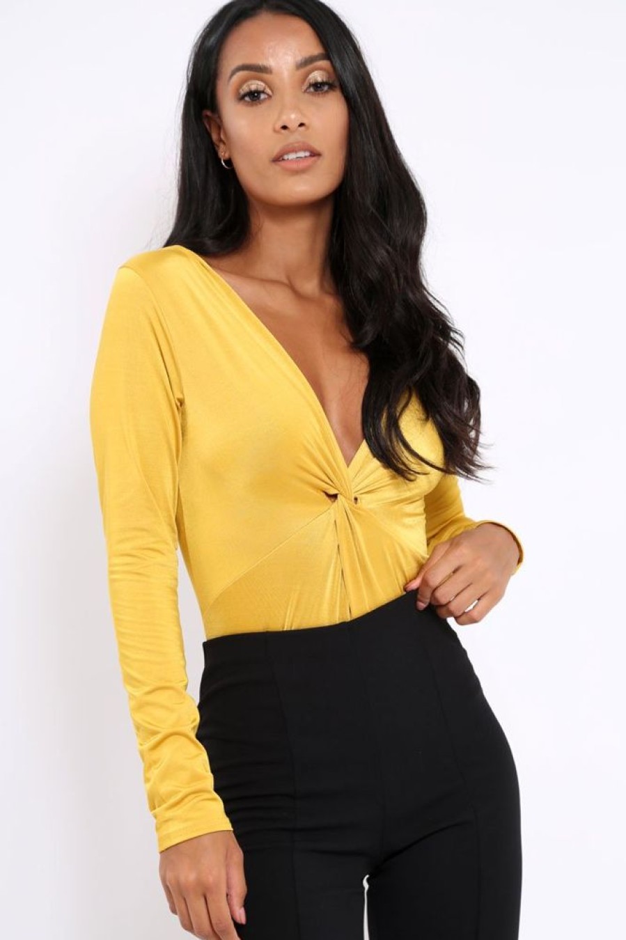 Clothing Rebellious Fashion | Mustard Slinky Twist Front Bodysuit - Gretchen