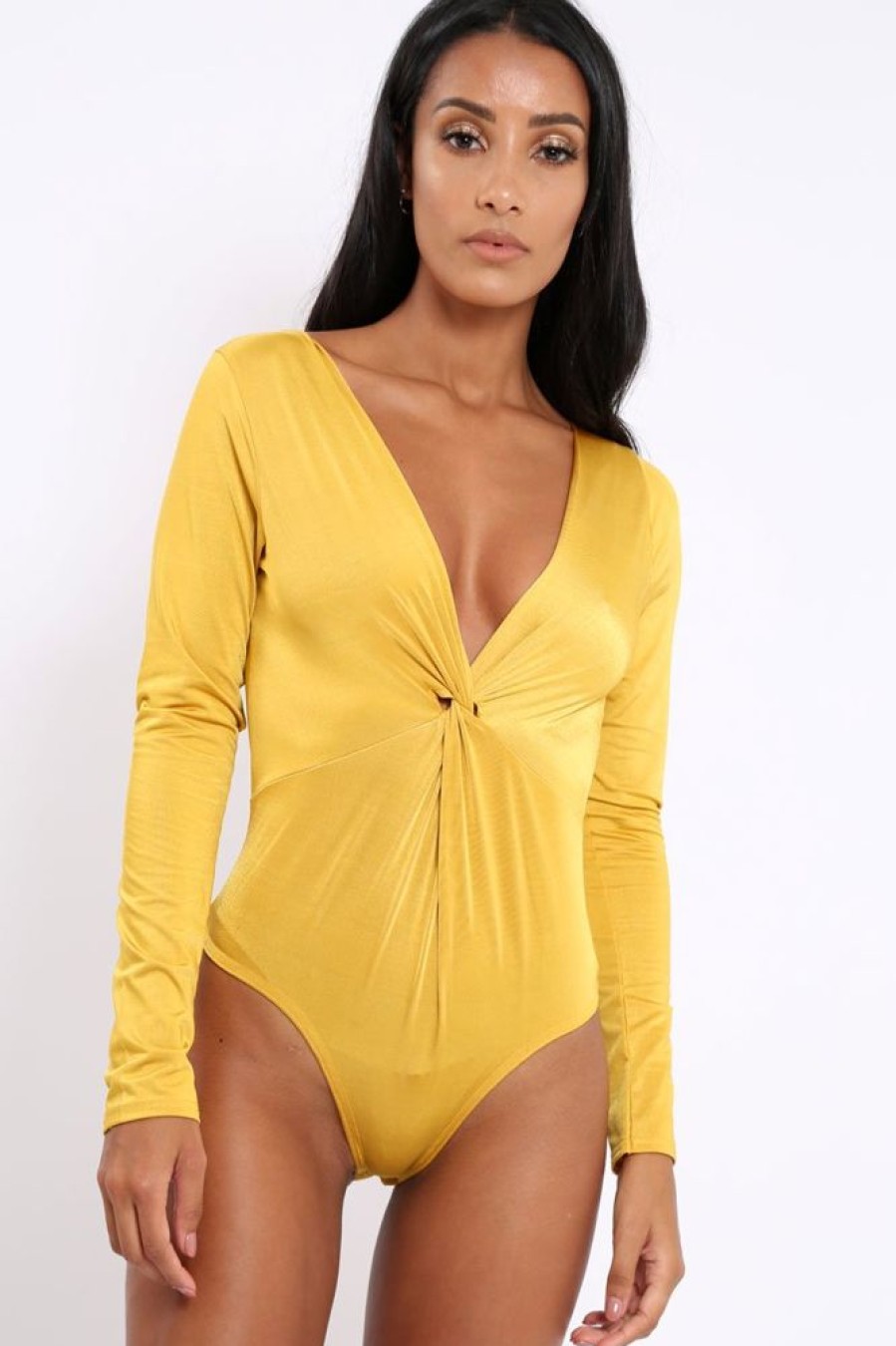 Clothing Rebellious Fashion | Mustard Slinky Twist Front Bodysuit - Gretchen