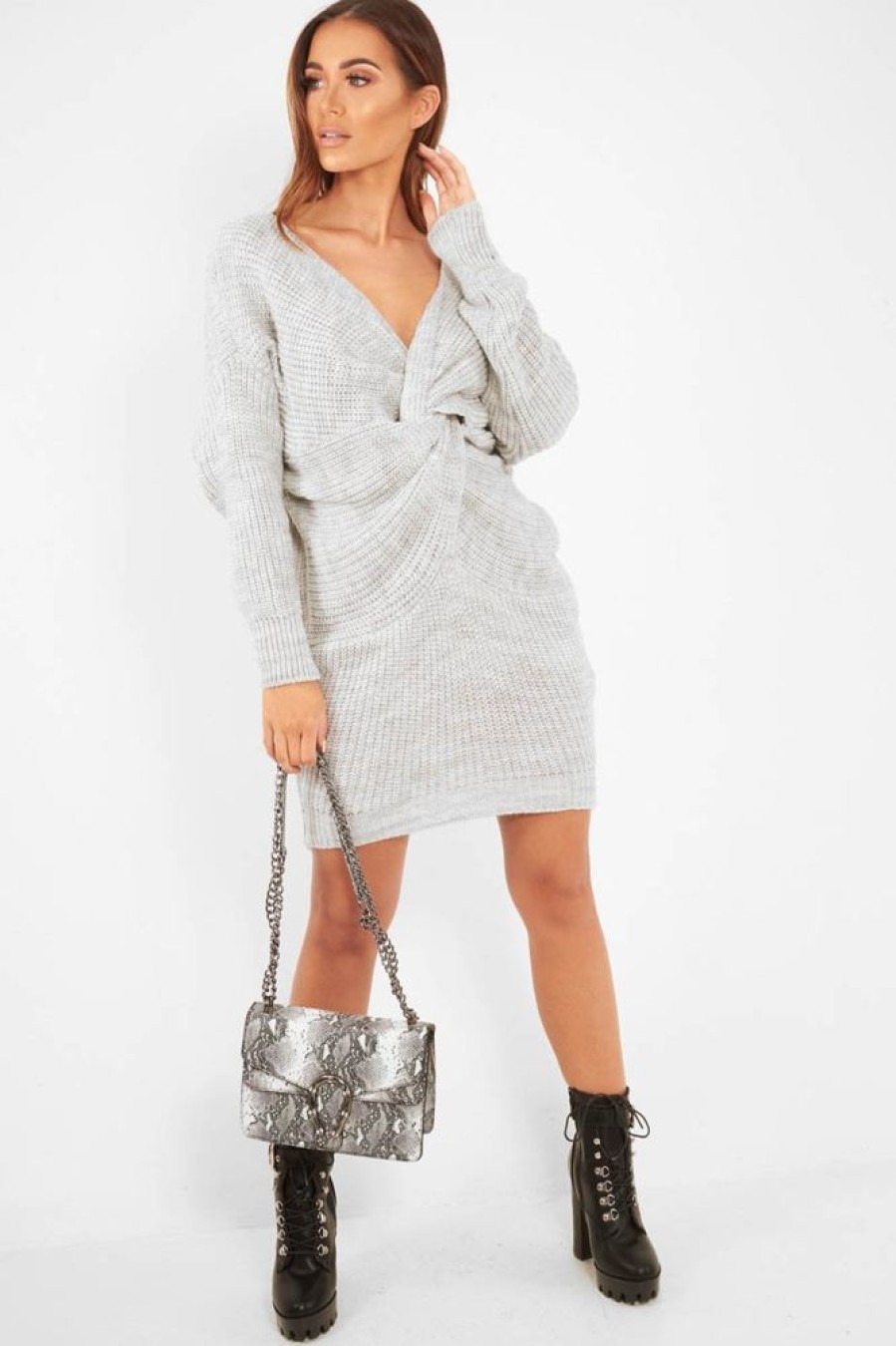 Clothing Rebellious Fashion | Grey Knot Front Jumper Dress - Hydee