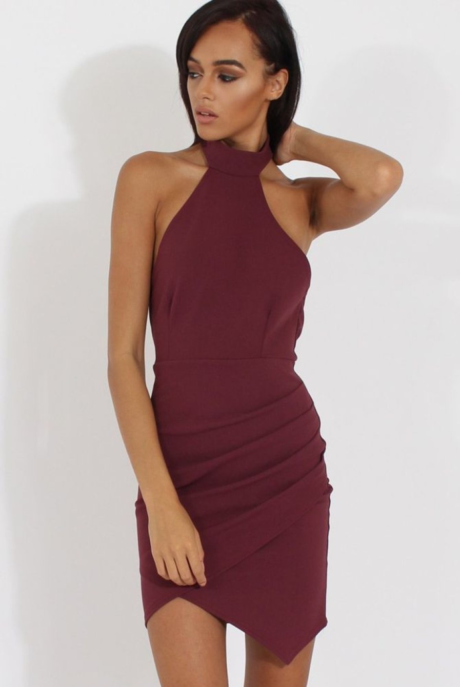 Clothing Rebellious Fashion | Aubergine High Neck Side Ruched Backless Dress - Tulip