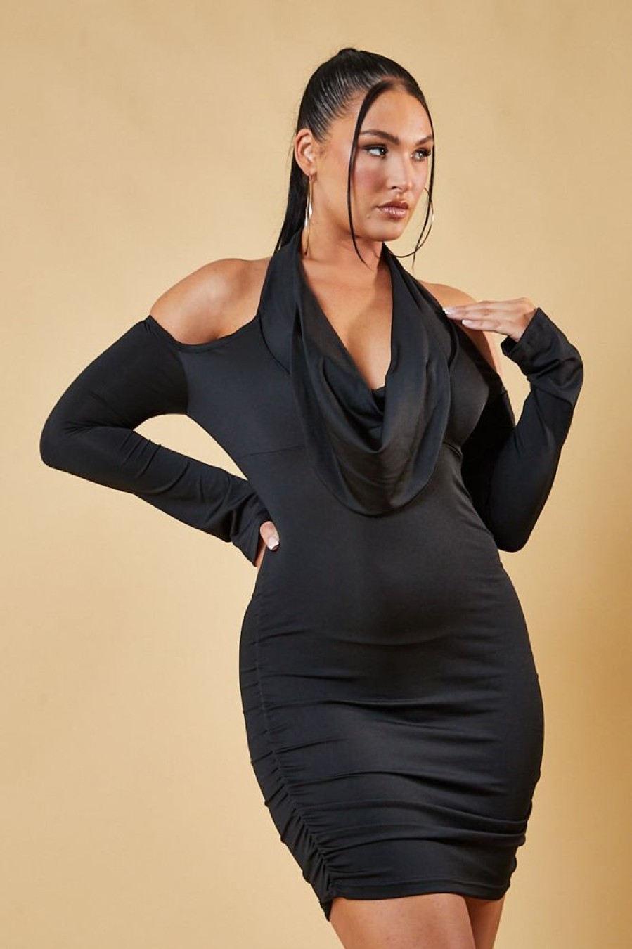 Clothing Rebellious Fashion | Black Cowl Neck Off Shoulder Mini Dress - Elsie