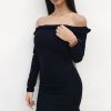 Clothing Rebellious Fashion | Black Ruffle Hem Ribbed Bardot Mini Dress - Destiny