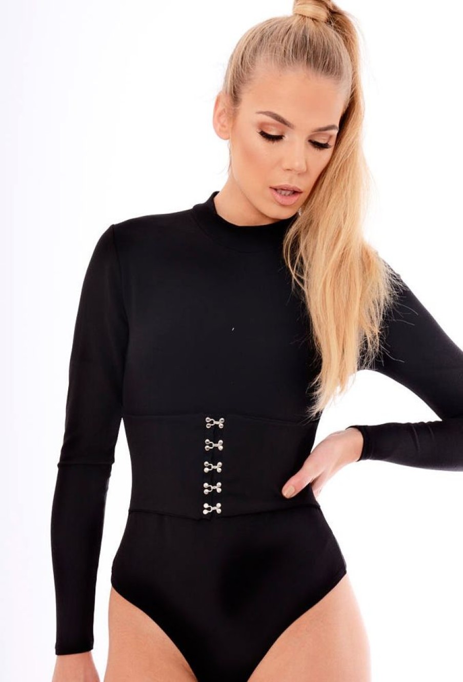 Clothing Rebellious Fashion | Black High Neck Corset Detail Bodysuit - Hilda