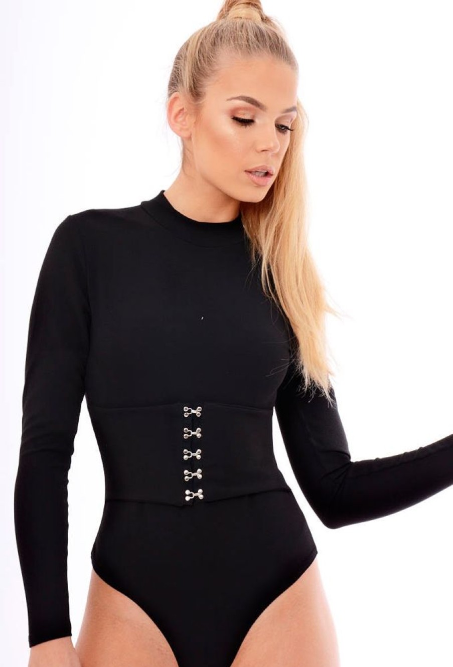 Clothing Rebellious Fashion | Black High Neck Corset Detail Bodysuit - Hilda