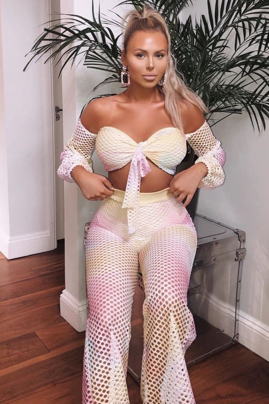 Clothing Rebellious Fashion | Pastel Fish Net Crop Tie Top And Trousers Co-Ord - Misa