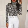 Clothing Rebellious Fashion | Cream Leopard Print Slinky High Neck Bodysuit - Abira