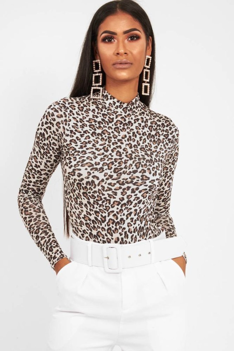 Clothing Rebellious Fashion | Cream Leopard Print Slinky High Neck Bodysuit - Abira