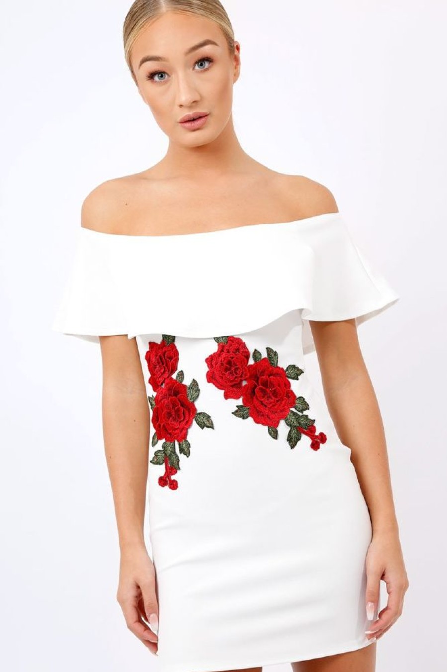 Clothing Rebellious Fashion | White Bardot Frill Bodycon Applique Dress - Leticia