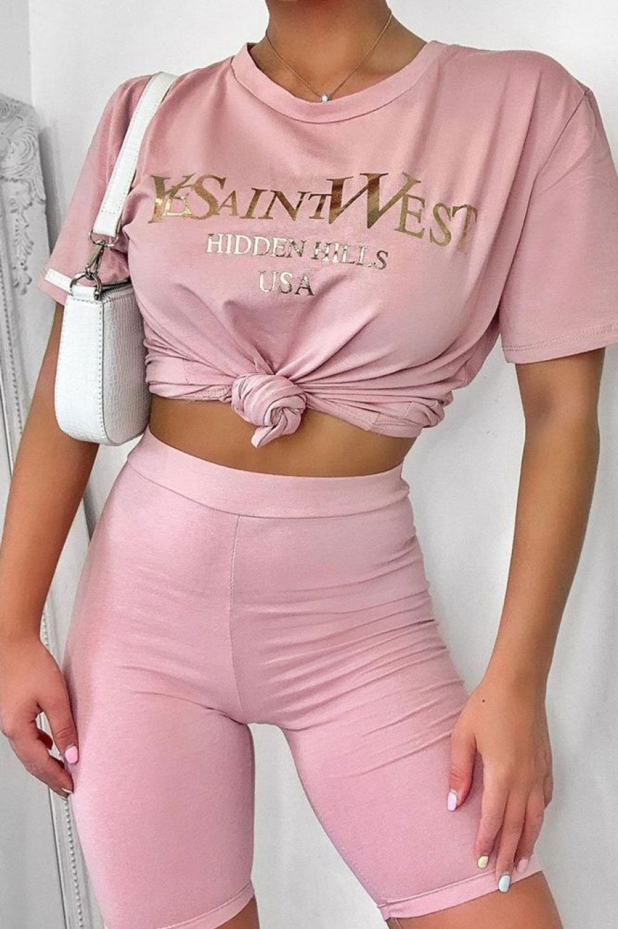 Clothing Rebellious Fashion | Pink Gold Beverly Hills T-Shirt Cycling Shorts Co-Ord - Laura