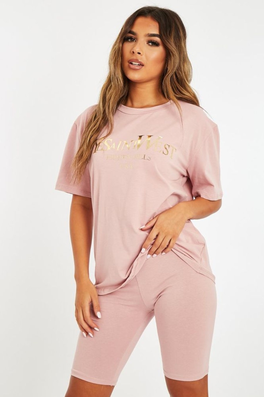 Clothing Rebellious Fashion | Pink Gold Beverly Hills T-Shirt Cycling Shorts Co-Ord - Laura