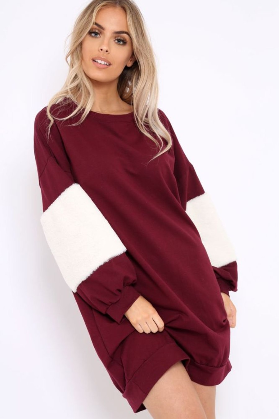 Clothing Rebellious Fashion | Wine Jumper Dress With Fur Sleeves - Paris