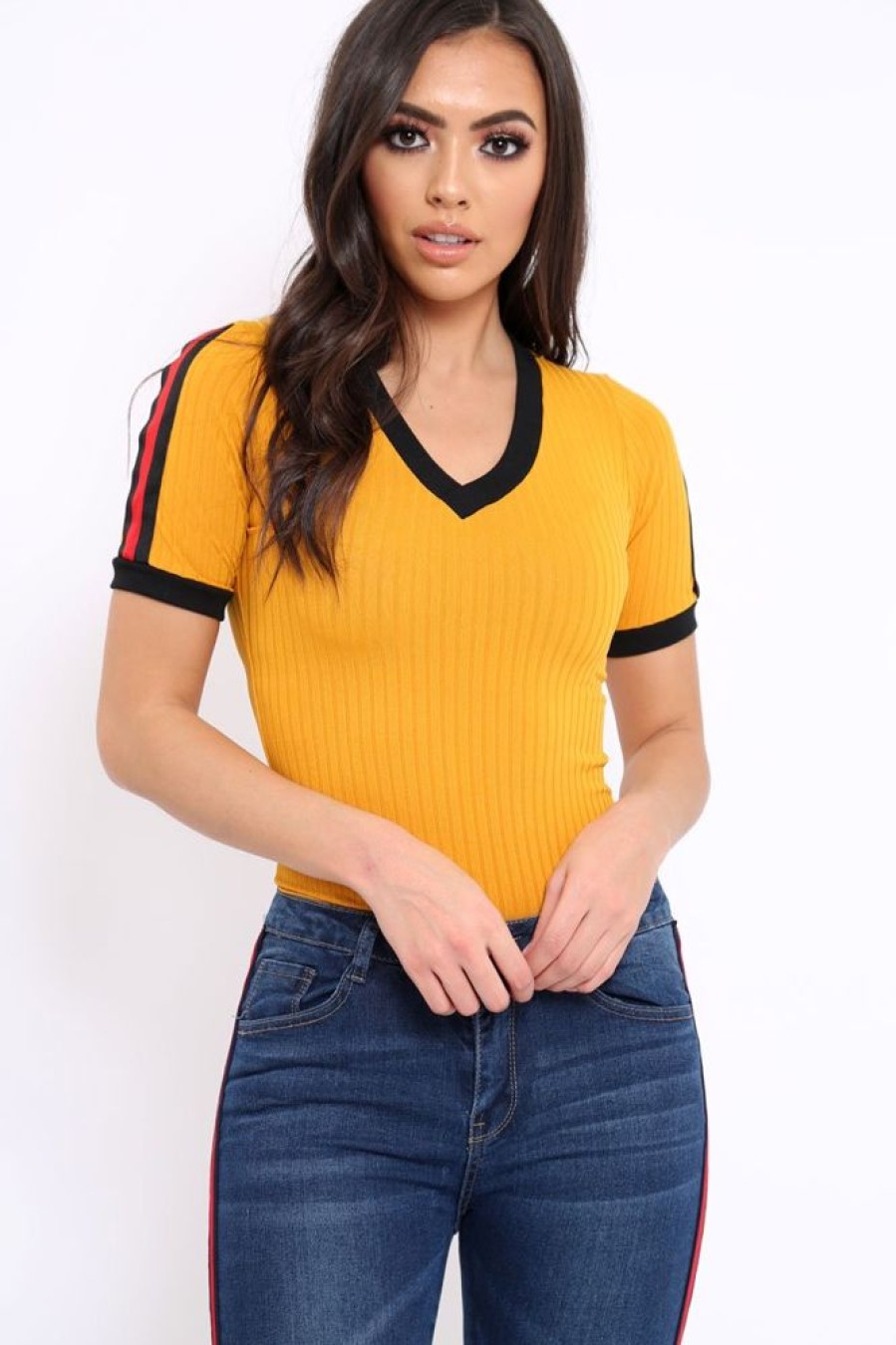 Clothing Rebellious Fashion | Mustard Ribbed Bodysuit With Contrast Trim - Libi