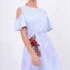 Clothing Rebellious Fashion | Blue Striped Cold Shoulder Embroidered Shirt Dress - Isadora