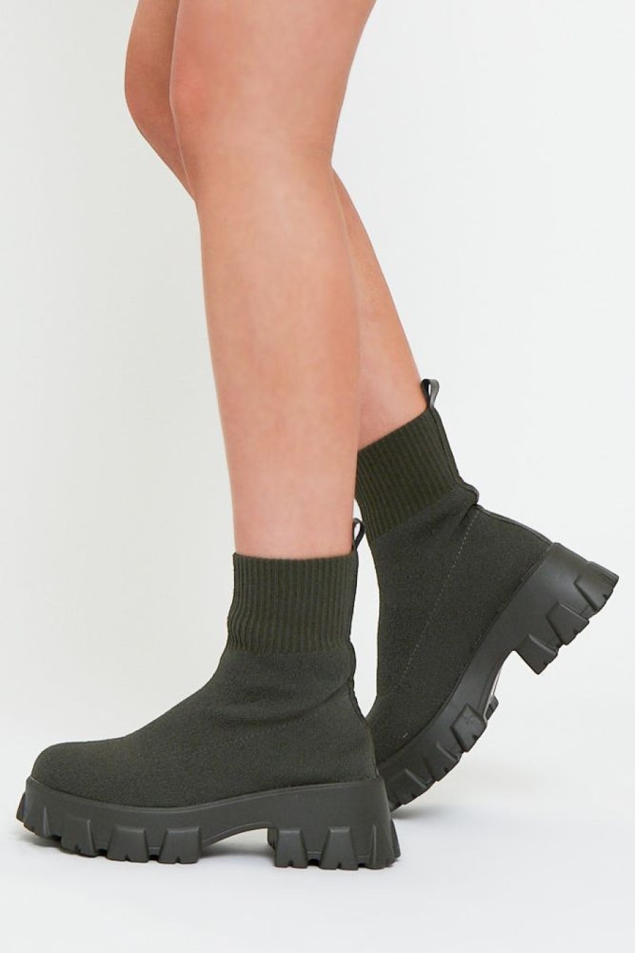 Shoes Rebellious Fashion | Khaki Ankle High Chunky Sole Sock Boots - Bana