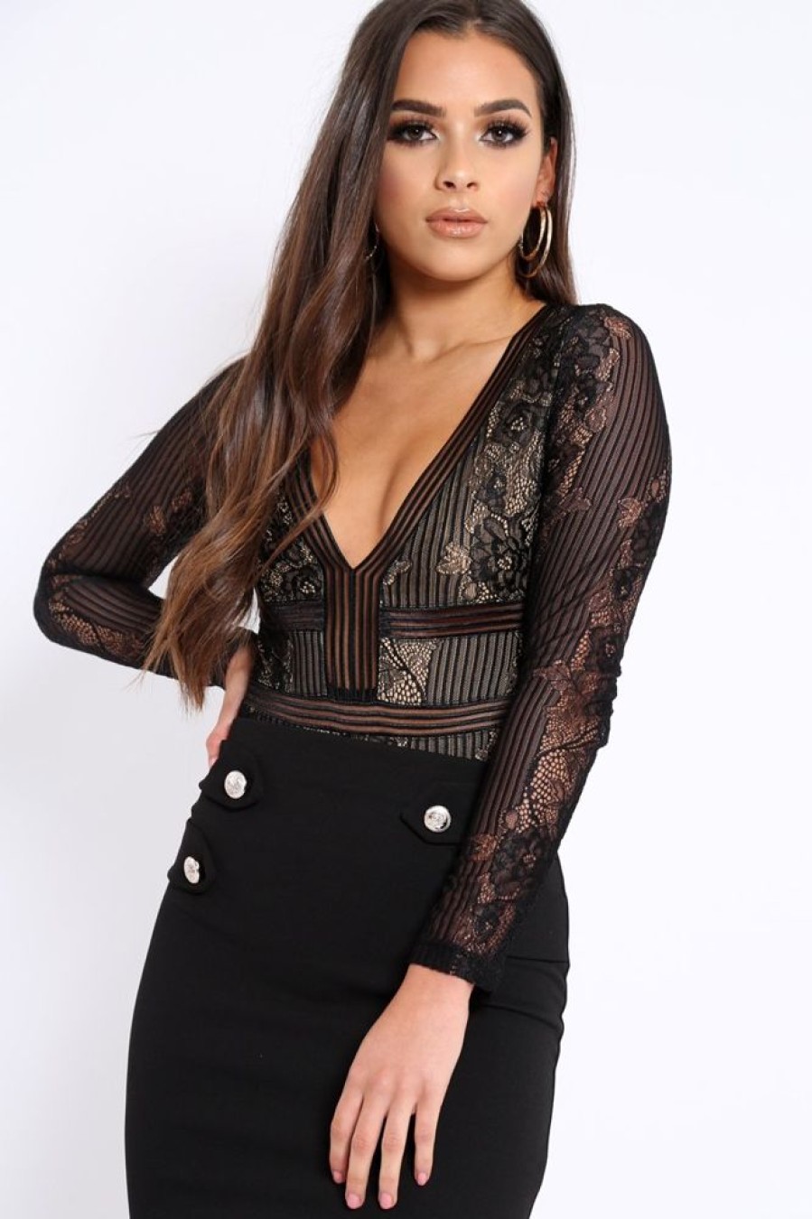 Clothing Rebellious Fashion | Black And Nude Lace Long Sleeve Open Back Bodysuit - Ellice