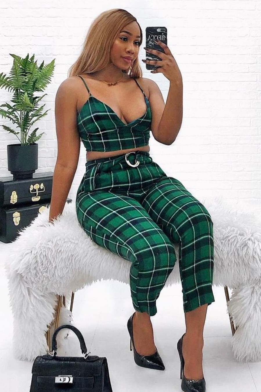 Clothing Rebellious Fashion | Green Check Bralet And Belted Trouser Co-Ord - Brilyn