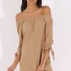 Clothing Rebellious Fashion | Camel Bardot Tie Cuffs Dress - Whitney