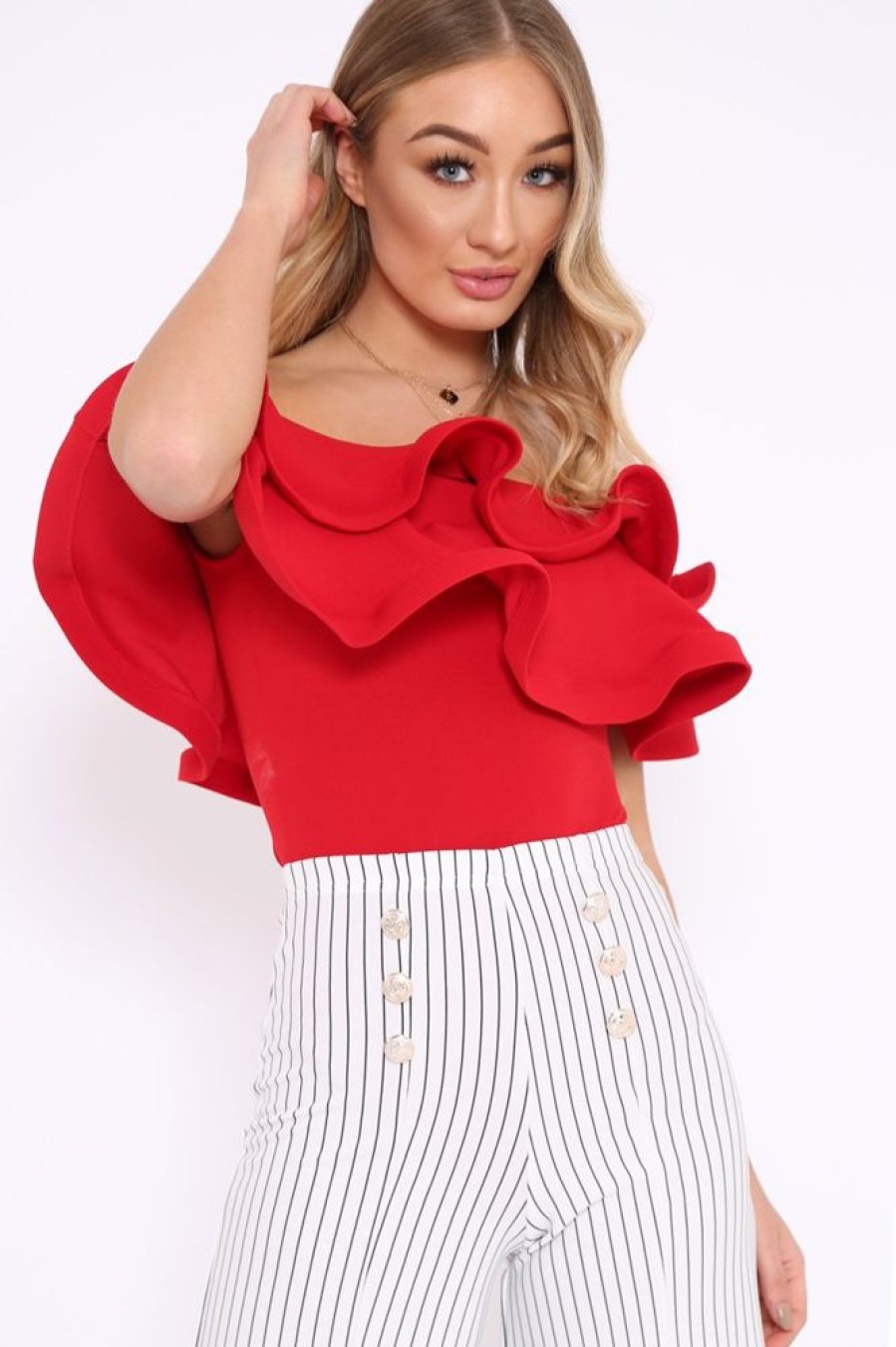 Clothing Rebellious Fashion | Red Bardot Extreme Frill Bodysuit - Diandra