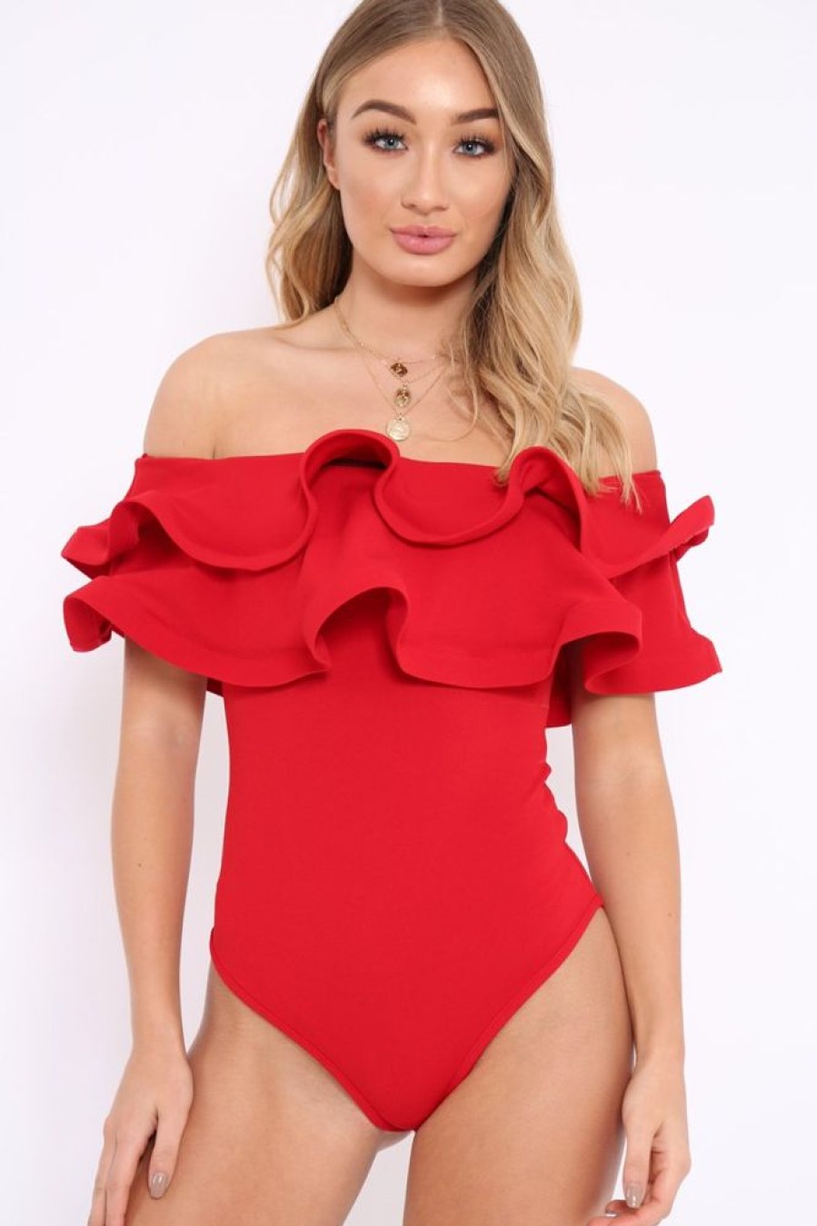 Clothing Rebellious Fashion | Red Bardot Extreme Frill Bodysuit - Diandra