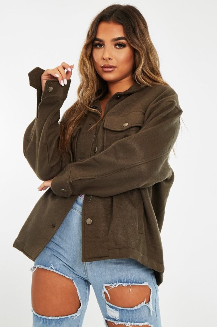 Clothing Rebellious Fashion | Khaki Pocket Oversized Brushed Shacket - Caley