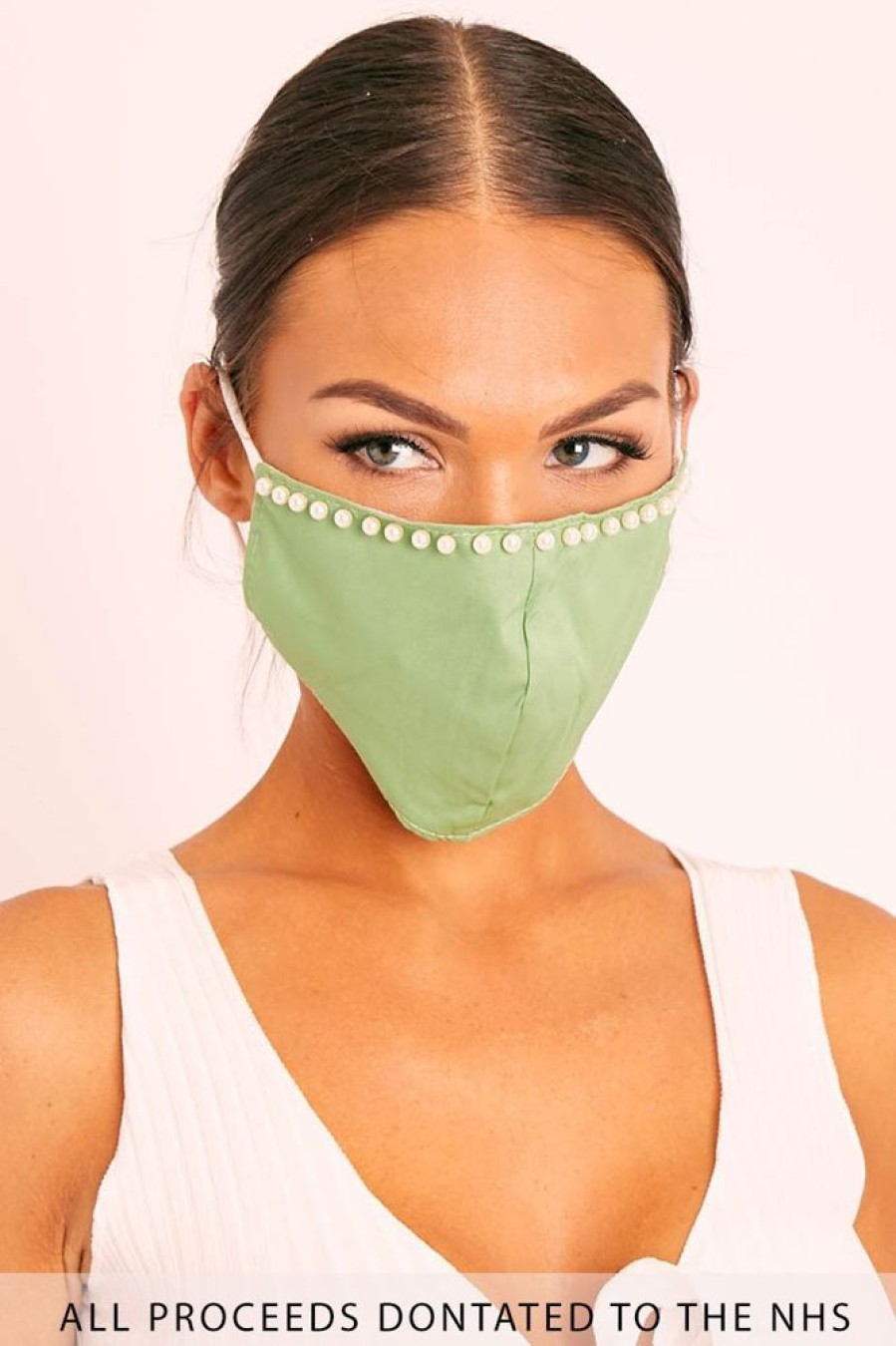 Accessories Rebellious Fashion | Green Pearl Detail Face Mask - Lula