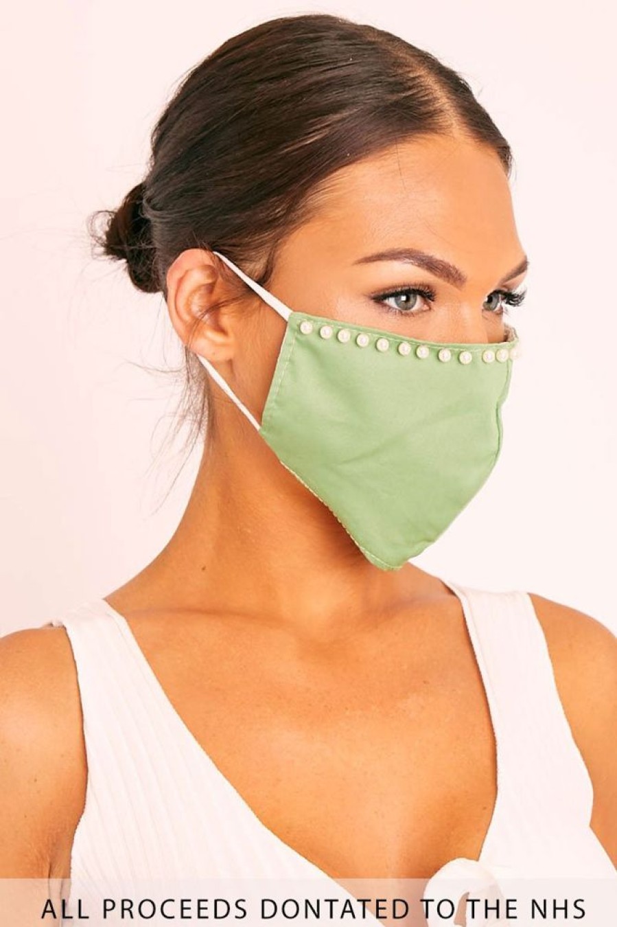 Accessories Rebellious Fashion | Green Pearl Detail Face Mask - Lula