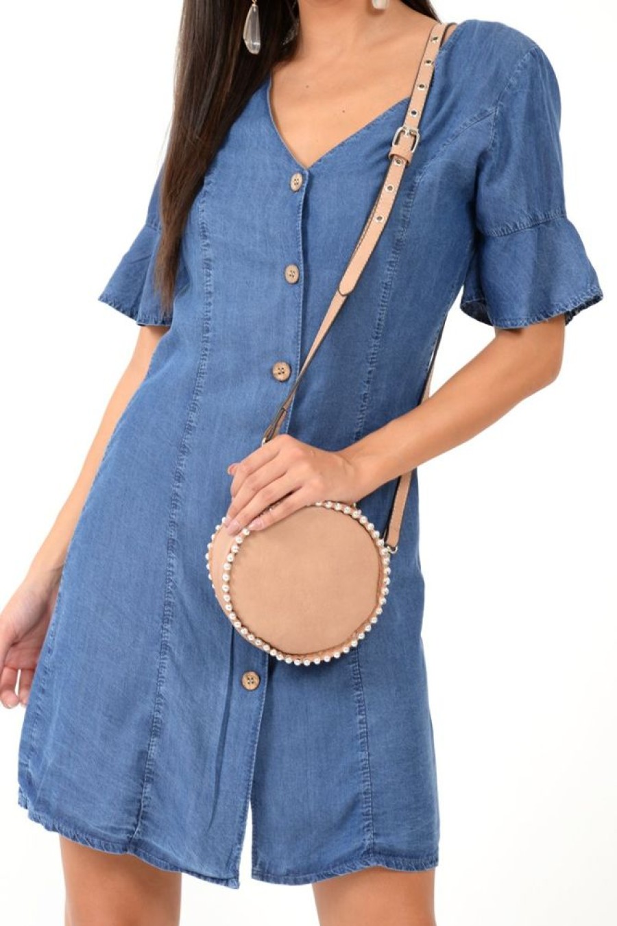 Clothing Rebellious Fashion | Denim Plunge Short Sleeve Mini Shift Dress - Valeda