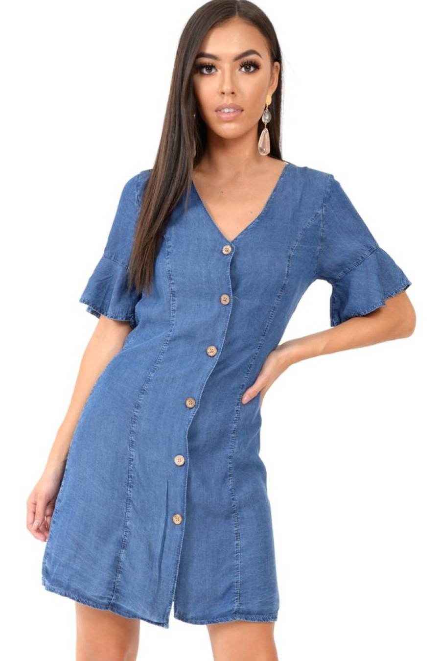 Clothing Rebellious Fashion | Denim Plunge Short Sleeve Mini Shift Dress - Valeda