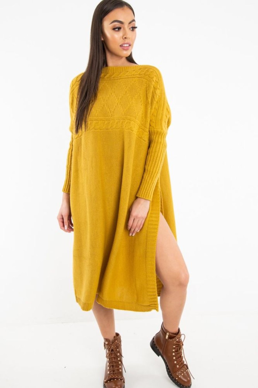 Clothing Rebellious Fashion | Mustard Cable Knit Side Split Jumper Dress - Maniya