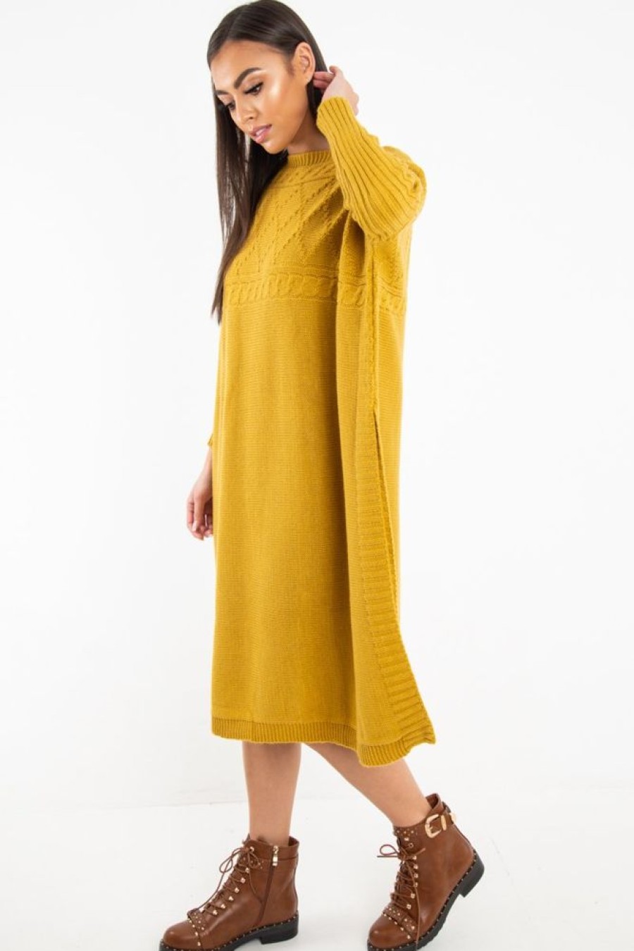 Clothing Rebellious Fashion | Mustard Cable Knit Side Split Jumper Dress - Maniya