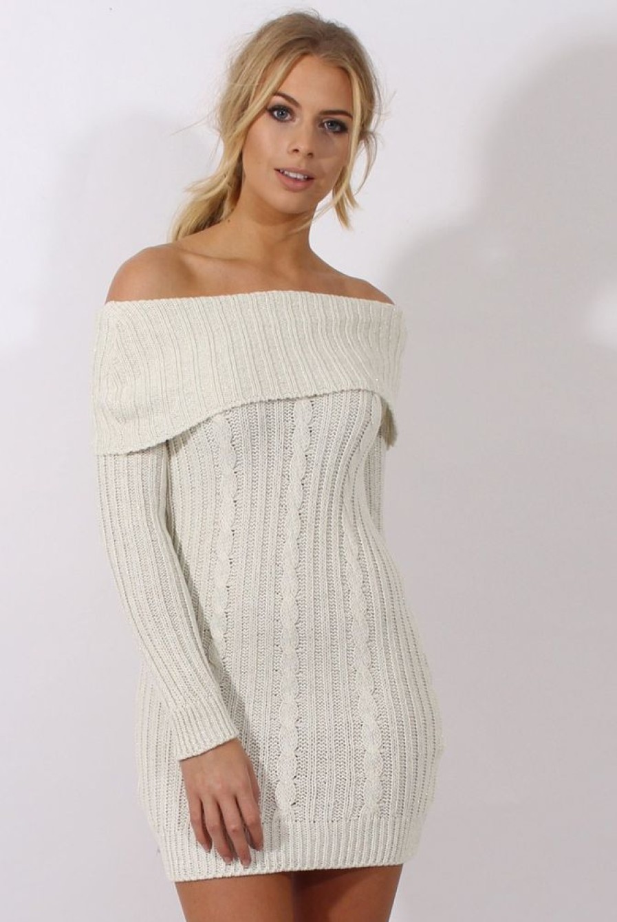 Clothing Rebellious Fashion | Cream Sparkle Knit Bardot Jumper Dress - Kasey